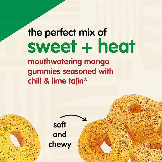 Snak Club Tajin Mango Rings Gummy Candy, Fruit Candy Gummies with Chili and Lime Seasoning, Mild, Gluten-Free and Vegan Snacks, 11 oz Resealable Bag