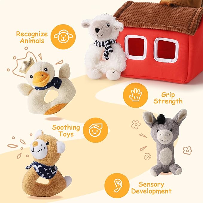 iPlay, iLearn Baby Toys 3 6 12 Month Newborn Gifts, Infant Soft Farm Stuffed Animal Rattles Plush Barn, Boy Girl Stuff, Shower Basket Stuffer, Sensory Hand Development Toy 0 2 4 7 9M 1 Yr - Farm