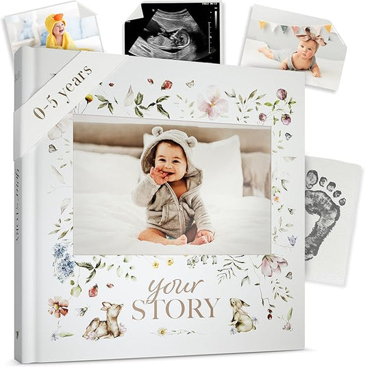 Baby Memory Book New Mom Gift - Baby Scrapbook Record Book & Photo Album - Gift for Newborns Baby Boy & Girl, Great For Baby Showers (Woodland)