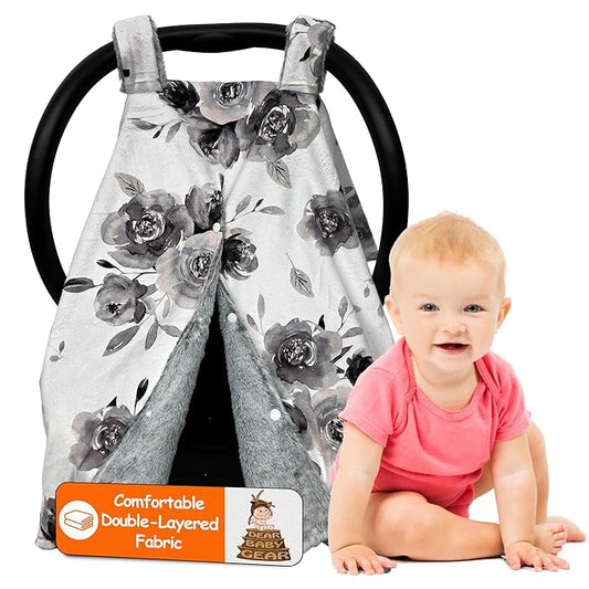 Dear Baby Gear - Car Seat Canopy, Infant Carrier Cover for Boys & Girls, Cozy Fall Baby Shower Gift, Nursing & Stroller Use, Newborn Travel Sunshade Accessory, Monochrome Gray Floral
