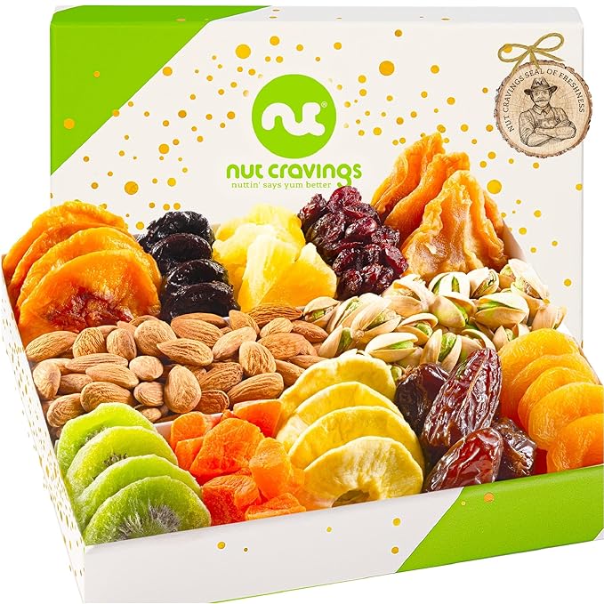 NUT CRAVINGS - Rosh Hashana & Shana Tova Dried Fruit & Mixed Nuts Gift Basket in White Gold Box (12 Assortments) Food Arrangement, Healthy Snack Care Package, Food Assortments