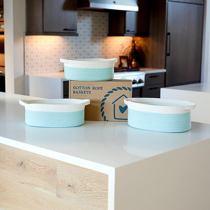 NaturalCozy 3-Piece Oval Storage Basket Set– Soft Natural Rope Woven Baskets for Storage Shelf, Toy, Nursery, Gift, Baby Shower, Pets Cat Dog Bins | Small Basket for Organizing (Off White Turquoise)