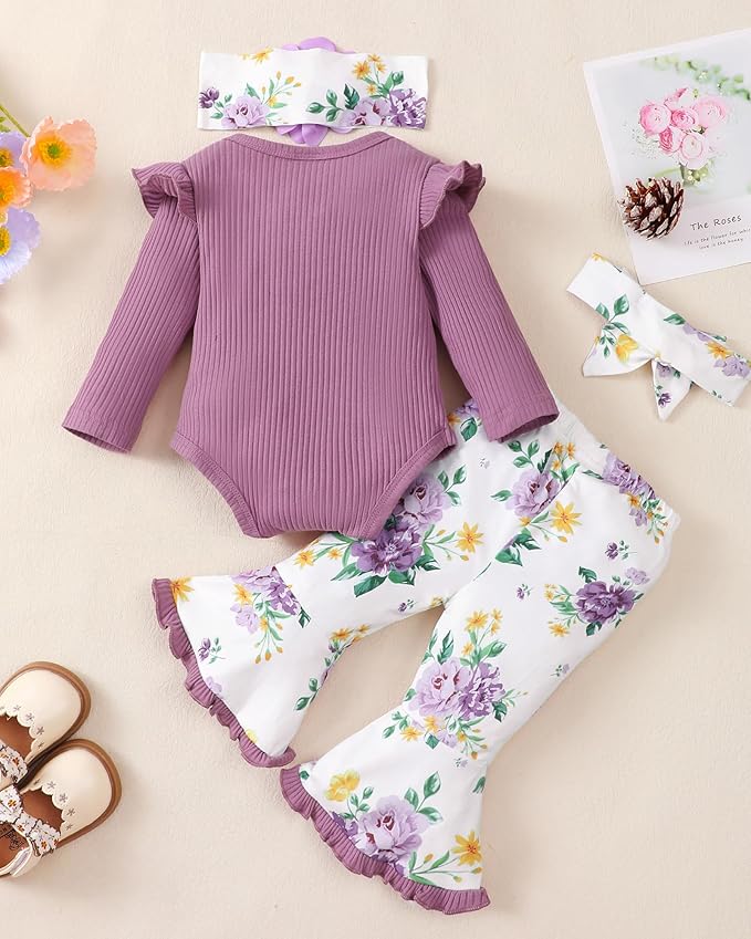 SUNNY PIGGY Newborn Baby Girl Clothes Infant Outfits Romper Floral Fall Outfit Bell Bottoms Pant Sets Hat Headband Flowerpant