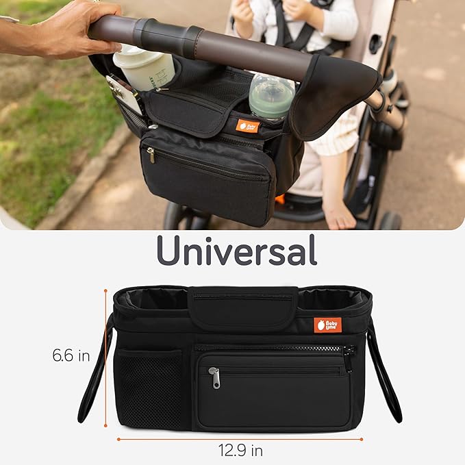 Baby Uma Universal Stroller Organizer Bag - Stroller Caddy Organizer with XL Insulated Cup Holder (x2), Phone Holder, Wipes Dispenser, Zip-Off Wrist Bag & Clip-On Shoulder Strap, Baby Travel Gear