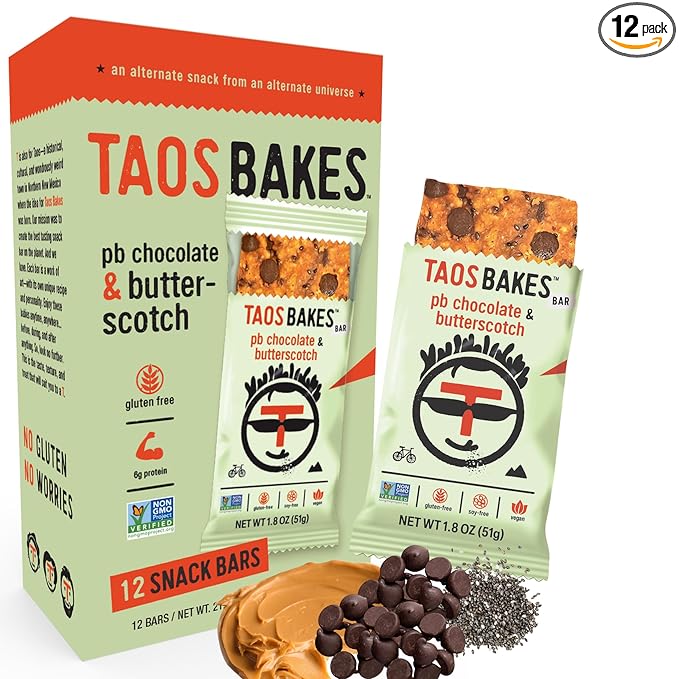Taos Bakes - Peanut Butter Chocolate + Butterscotch - Snack Bars - 6g Protein, Gluten Free, Plant Based, & Vegan Granola Bars - Filled w/Flax Seeds, Chia Seeds, & Peanut Butter - 12 Pack, 1.8oz ea