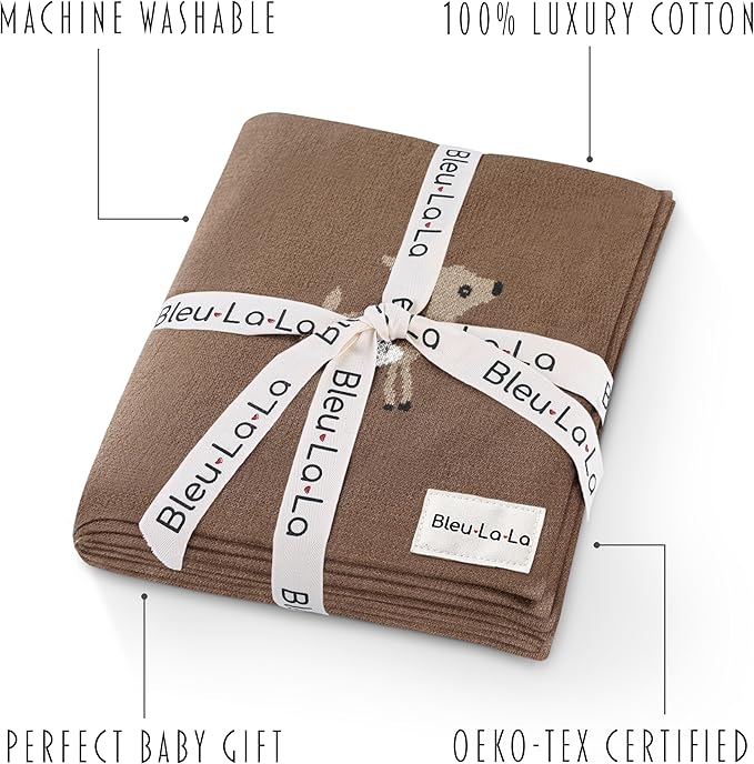 Knit Baby Swaddling Blanket - 100% Cotton Lightweight Soft Cozy Receiving Swaddle Stroller Quilt Blanket for Shower Gift Registry for Newborns, Infants, Toddlers (Deer - Mocha)
