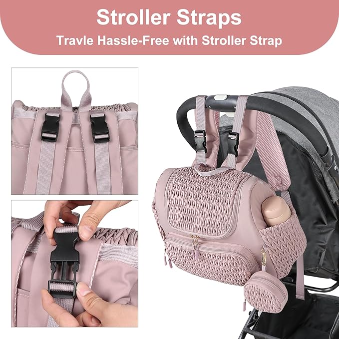 Geestock Diaper Bag Small Diaper Backpack, Stylish Quilted Baby Backpacks, Mini Maternity Bags, with Changing Pad, Pacifier Case & Stroller Straps, Parents Essentials Diaper Bag, Pink