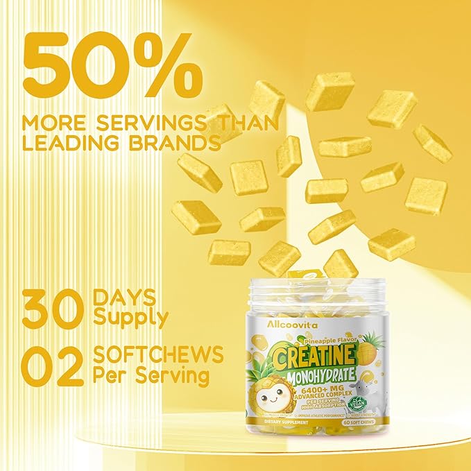 Creatine Monohydrate Chews Complex 6400mg for Men & Women -Advanced Formula W/L-Taurine + Vitamin B12, Sugar Free Chewable Supplement,60 Pineapple Softchews
