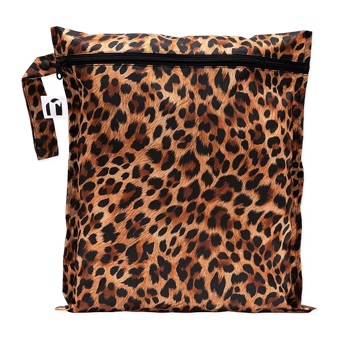 Roamio Waterproof Wet Bag for Baby, Travel, Swim Suit, Cloth Diaper, Pump Parts, Pool, Gym Clothes, Beach, Toiletry, Hook to Stroller, Daycare, Zipper Reusable Bag, Wetdry Packing Pouch, Leopard Print