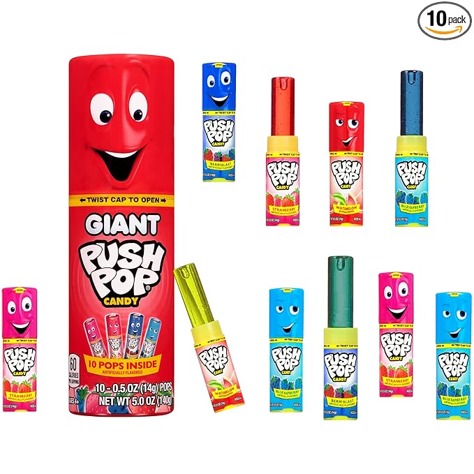 Push Pop Giant Candy Lollipop Container, 10 Ct Individually Wrapped in Assorted Fruity Flavors, Full Size, Fun Hard Candy For Party Favors, Birthday Parties, Goodie Bags, Fun Gifts for Kids