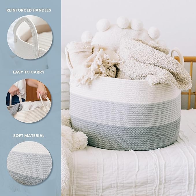OrganiHaus Large Laundry Basket, Woven Cotton Rope Basket for Blankets, Toy Storage, Nursery Hamper, Living Room Decor Organizer, Soft & Durable Hamper with Handles, 20x13 inches - Gray
