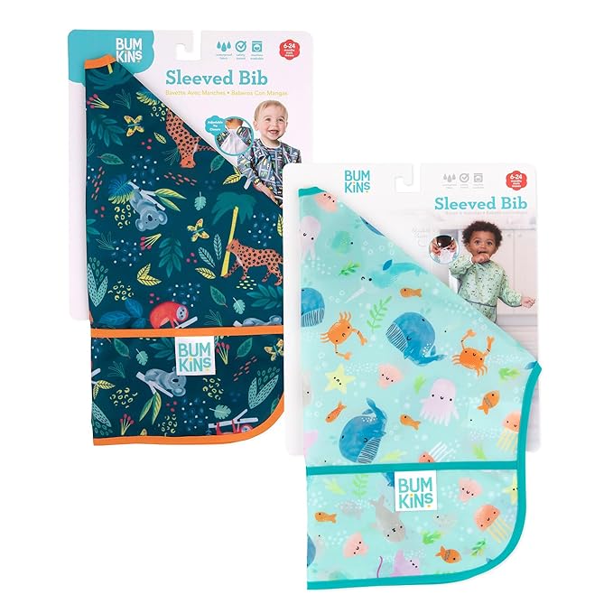 Bumkins - Sleeved Bib - For Boys & Girls, Babies & Toddlers 6-24 Months - Lightweight, Durable, Waterproof - Long Sleeve Bib - Catch-All Pocket - Wipeable & Machine Washable - Jungle & Ocean - 2 Pack