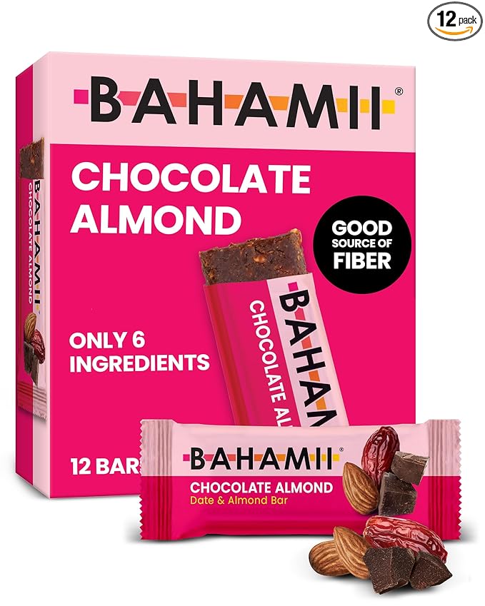Bahamii Chocolate Almond Nut & Date Bars, 12 Pack, Gluten Free & 0g Added Sugar Low Calorie Snacks, Delicious Snack Bar with Almonds, Dates, Organic Cocoa, Vanilla, Sea Salt, Diabetic Snacks