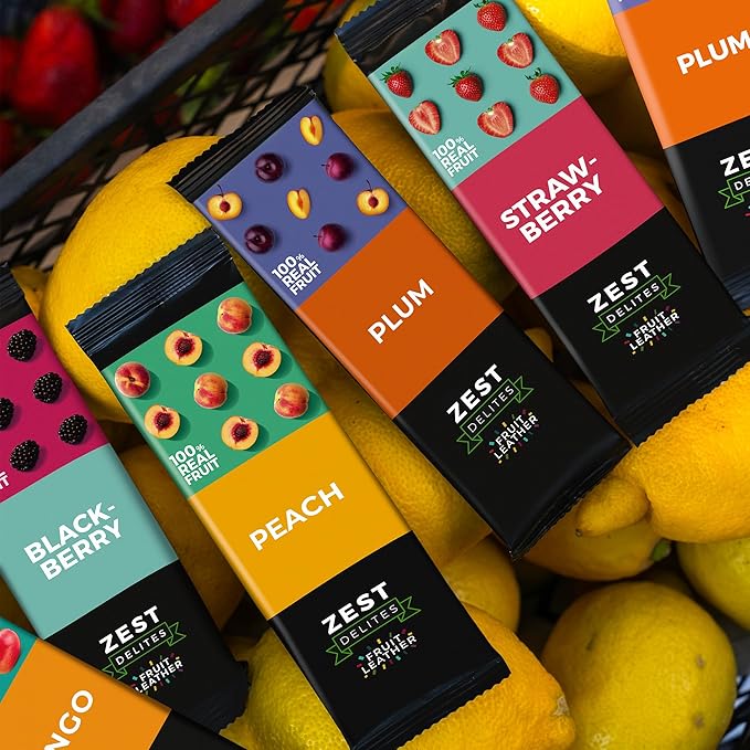 Fruit Snacks by Zest Delites, Fruit Leather, Healthy Snacks for Adults & Kids, Vegan Apple-Based Strips, Dried Strawberry-Peach-Blackberry-Plum Bars, 0.88 oz x 36