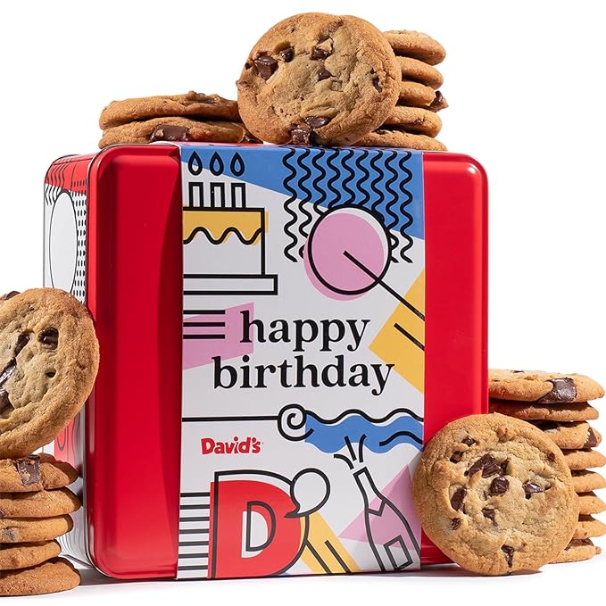 David's Cookies Happy Birthday Chocolate Chunk Cookies Tin 1lb - Handmade and Fresh Baked Gourmet Cookie Gift Basket - Delectable & Made with Premium Ingredients - Ideal Birthday Food Gift For All