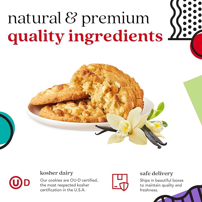 David's Cookies Fresh Baked Decadent Jumbo Vanilla Chip Macadamia Nut Cookies – 2lb Gift Basket Tin with 8 Large Vanilla Cookies – Bakery-Style Soft and Chewy Dessert for Birthdays, Special Occasions