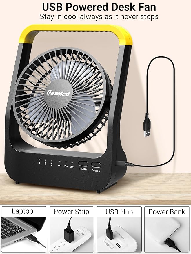Gazeled Battery Powered Fan, Long Lasting Battery Operated Fans for Camping, Portable D-Cell Desk Fan with Timer, 3 Speeds, Whisper Quiet, 180° Rotation, for Office, Bedroom, Outdoor, 5'', Model: F15