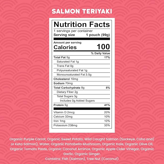 Serenity Kids 6+ Months Salmon Teriyaki Baby Food Puree Pouch - Organic Veggies & Ethically Sourced Salmon - No Added Sugar Baby Snacks - BPA-Free Pouches- 3.5 Oz, 6 Pack