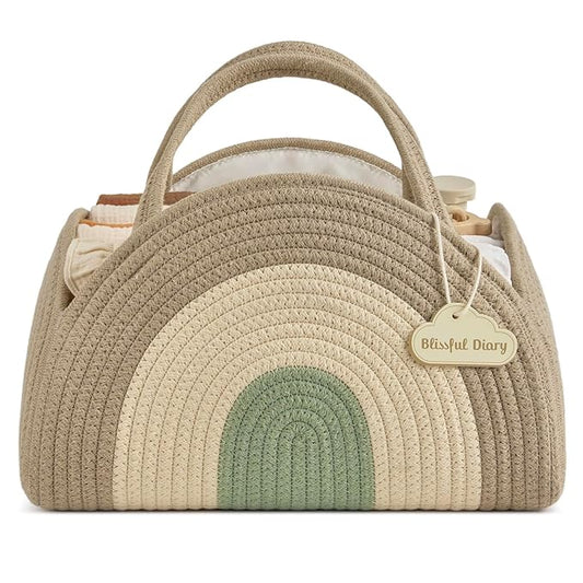 Blissful Diary Baby Diaper Caddy Organizer, Cotton Rope Diaper Caddy Basket, Large Storage Basket for Newborn Boys and Girls, Gift for Baby Shower List, Newborn Essentials, Natural Rainbow