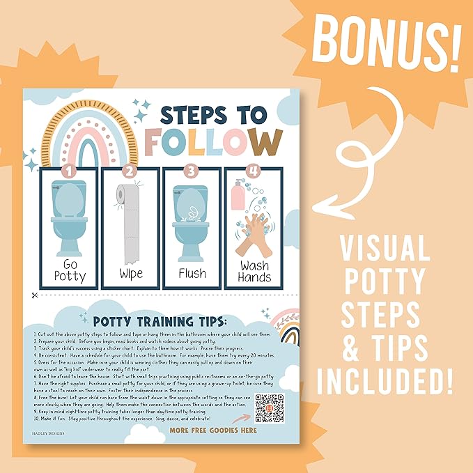 Hadley Designs Potty Training Chart for Girls with Fun Reward Stickers – 10 Potty Chart for Toddlers Girls, 8.5x11" Potty Training Sticker Chart for Toilet Success, Boho Reward Chart for Kids