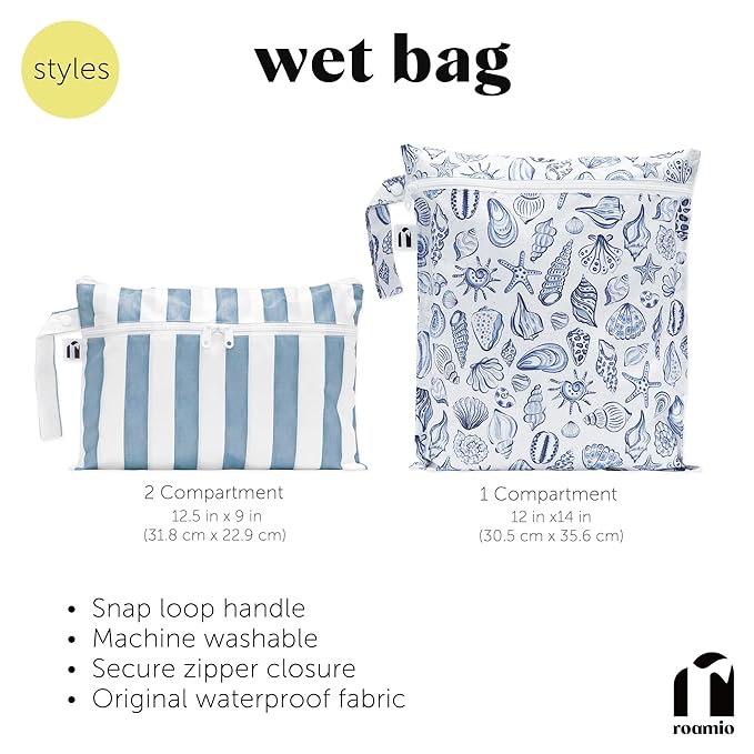 Roamio Waterproof Wet Bag for Baby, Travel, Swim Suit, Cloth Diaper, Pump Parts, Pool, Gym Clothes, Beach, Toiletry, Hook to Stroller, Daycare, Zipper Reusable Bag, Wetdry Packing Pouch, Beige Check