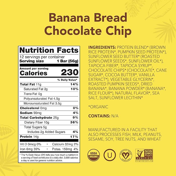 ALOHA Organic Plant Based Protein Bars - Banana Bread Chocolate Chip - 12 Count, 1.9oz Bars - Vegan Snacks, Low Sugar, Gluten-Free, Low Carb, Paleo, Non-GMO, Stevia-Free, No Sugar Alcohols