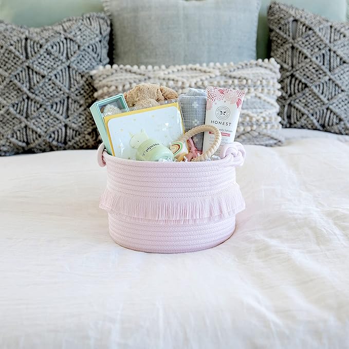 NaturalCozy 3-Piece Decorative Storage Basket Set – Pink Cotton Rope Small Woven Baskets for Organizing for Nursery Baby Stuff, Gift, Vanity, Montessori, Dog Cat Toy Bin, Planter, Bathroom Shelves