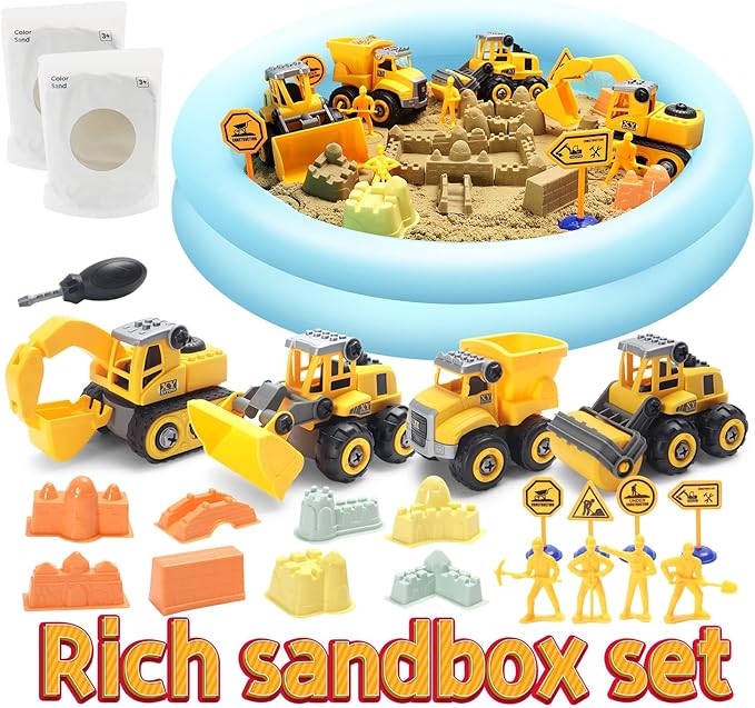 Play Construction Sand Kit,2.2lbs Magic Sand W/4 Large Take Apart Construction Trucks,1 Sandbox,8 Worker Figures and Road Signs,8 Molds,Toys for 2-8 Years Old Boys Girls