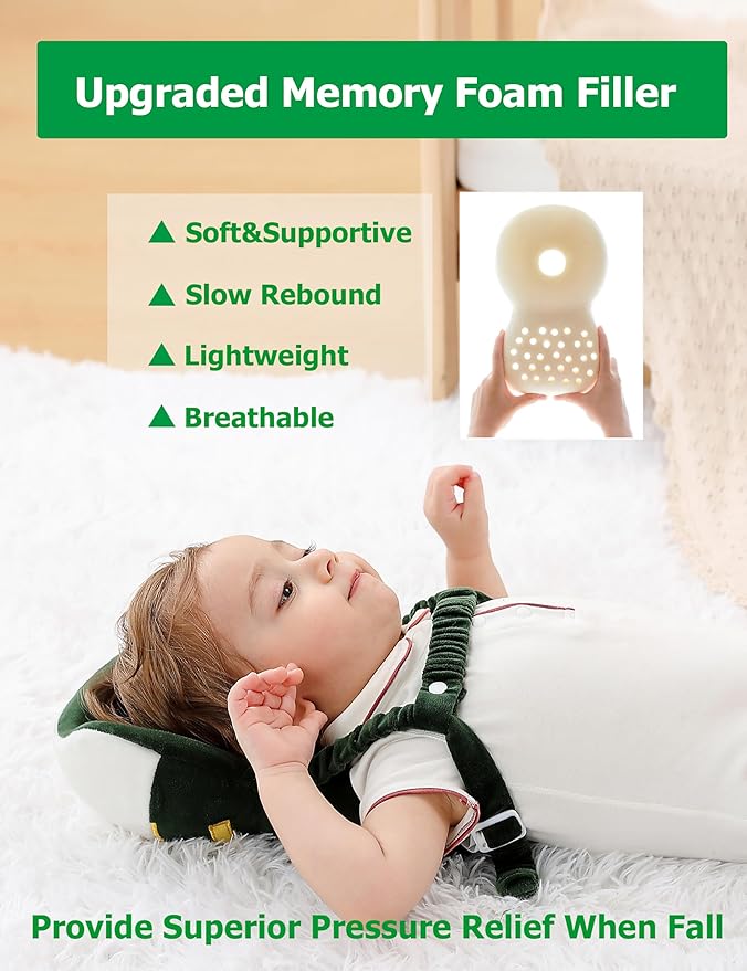 JunNeng Baby Head Protector Backpack Memory Foam, 3-Sided Fall Head Safety Protection (Green UFO)