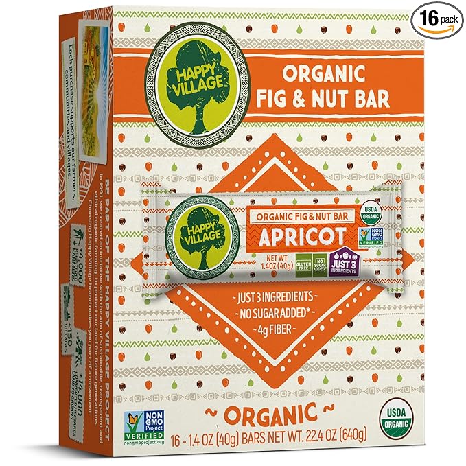 Happy Village Organic Fig & Nut Bar, APRICOT | Only 3 Ingredients, Gluten Free, No Added Sugar, Kosher, Non-GMO, Vegan, Good Source of Fiber | Organic Healthy Snack Bars (16 bars, 1.4 OZ each)