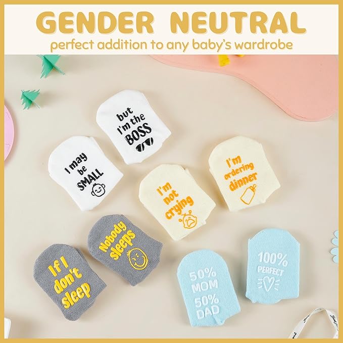 InnoBeta Baby Socks Set with Funny Quotes (4 Pairs) Newborn/Infant Socks for Baby Shower, Gender Reveal 3-12 Months