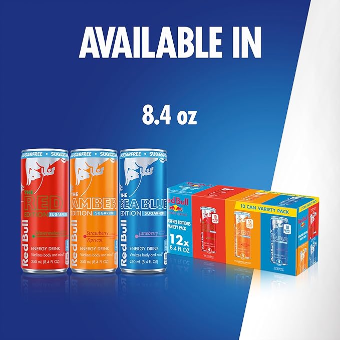 Red Bull Energy Drink Sugar Free Variety Pack, Red, Amber, and Sea Blue, with 80mg Caffeine, Taurine & B Vitamins, 8.4 fl. oz., 2 x 12 pack, 24 Cans Case
