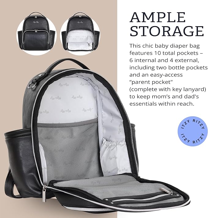 Itzy Ritzy Unisex Baby Mini Diaper Bag, Black with Silver Hardware-Plus