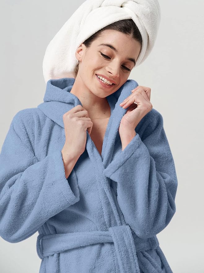 SIORO Womens Hooded Terry Cloth Robe, Cotton Absorbent Knee-Length Bathrobe, Housecoat with Pockets for Spa & Shower