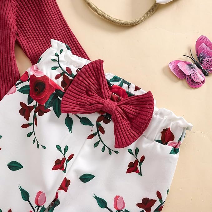 Baby Girls Clothes Ribbed Romper Bodysuit Pants Headband Set Fall Winter Outfits