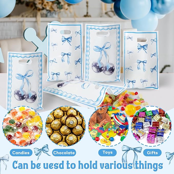 Blue Bow Party Favor Bags - 50Pcs Coquette Bow Knot Themed Goody Candy Treat Gifts Bags, Blue Theme Party Decorations for Kids Girls Women Birthday Wedding Bridal Shower Supplies