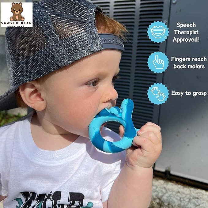 I Love You Silicone Hand Teether, Teethers for Babies 3-6 Months, Soft Teething Toys 6-12 Months bpa Free, Massaging Teething Relief (Blue)