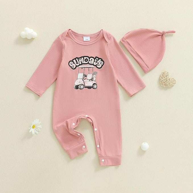 WZTYYDS Newborn Baby Girl Clothes Ribbed Romper Print Long Sleeve Jumpsuits Bow Headband Set Infant One-piece Outfits