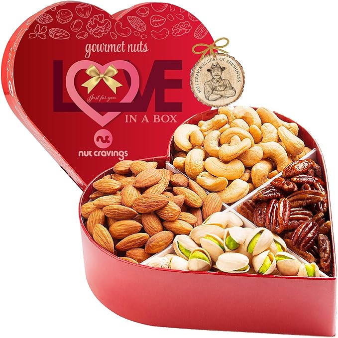 NUT CRAVINGS - Mixed Nuts Heart Shaped Gift Basket, Love in A Box (4 Assortments) Romantic Food Arrangement, Healthy Snack Care Package, Food Assortments