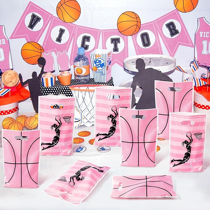 Basketball Party Favor Bags - 50Pcs Pink Basketball Goody Candy Treat Gifts Bags, Sport Themed Party Decorations for Adults Kids Boys Girls Birthday Outdoor Sports Events Supplies
