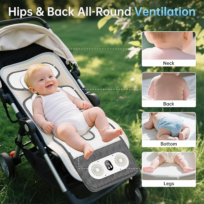 Baby Stroller Cooling Pad with Dual Turbo Blower,10000mAh Rechargeable Battery Powered Cooling Cushion, 3-Speed, Max 10H Runtime, Baby Summer Essential Car Seat Liner for Stroller Car Seat Crib