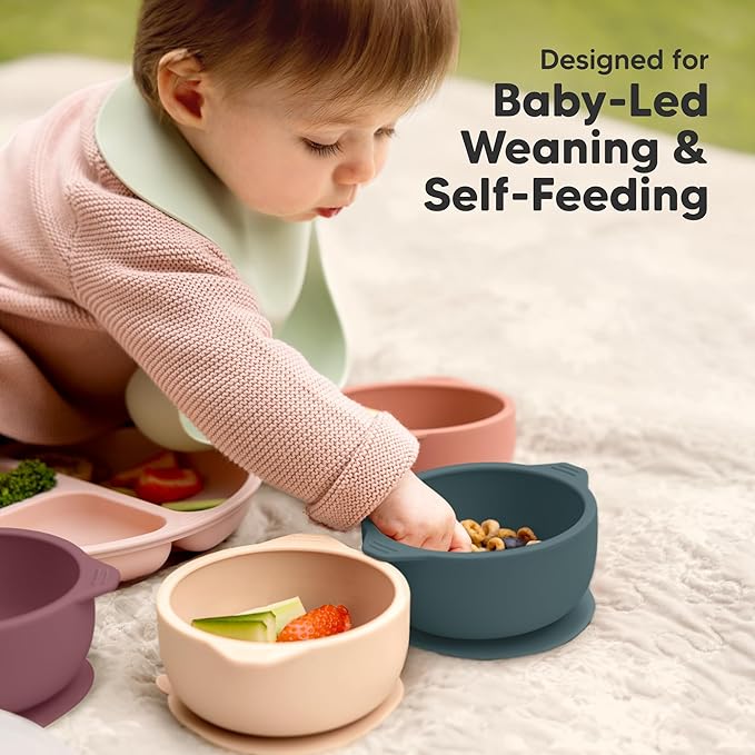 KeaBabies 2-Pack Baby Bowls with Suctions, Lids - Silicone Toddler Suction Bowls for Baby Boy, Girl, Kids, Dog, Food Grade Silicone, BPA-Free, Dishwasher Safe, Toddler Eating Essentials (Rocky)