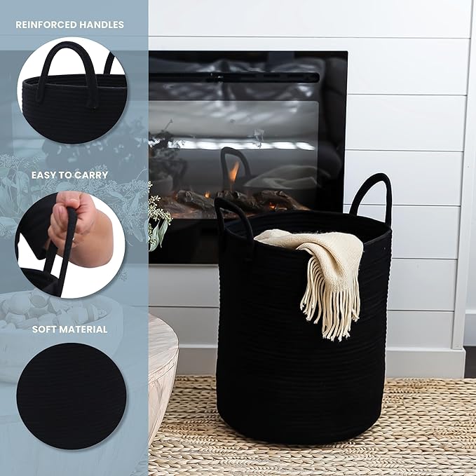 OrganiHaus Large Laundry Basket, Woven Cotton Rope Basket for Blankets, Toy Storage, Nursery Hamper, Living Room Decor Organizer, Soft & Durable Hamper with Handles, 15x18 inches - Black