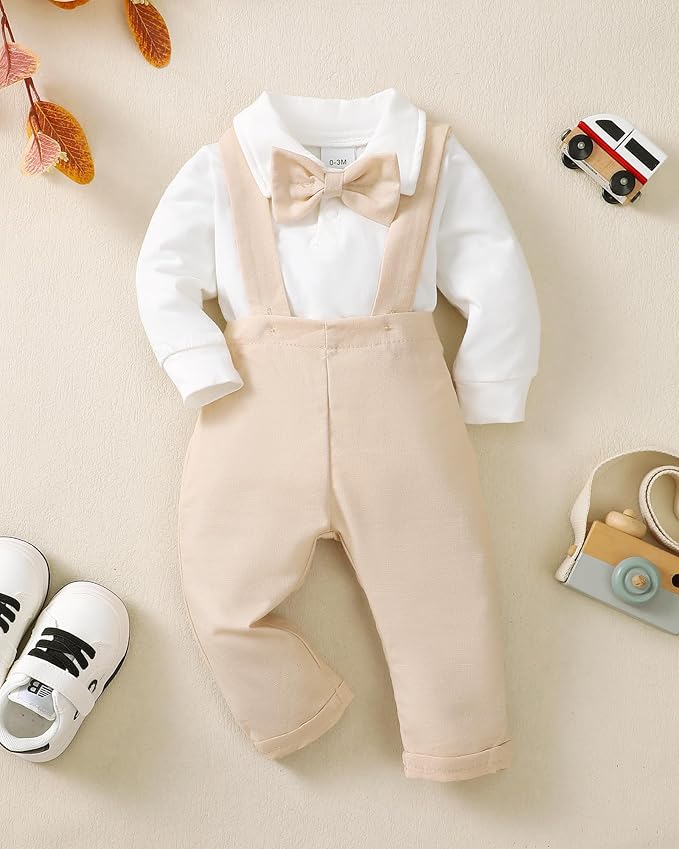 Newborn Baby Boy Clothes Gentleman Wedding Suit Infant Outfits Formal Dress Shirt+Bowtie+Suspender Pants