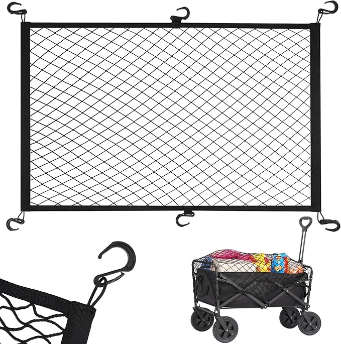 Kaskawise Cargo Net for Collapsible Foldable Wagon, Beach Cart, Garden Cart - Elastic Heavy Duty Nylon Cover With 6 Hooks - Outdoor Accessories (43.3"27.6", Black)