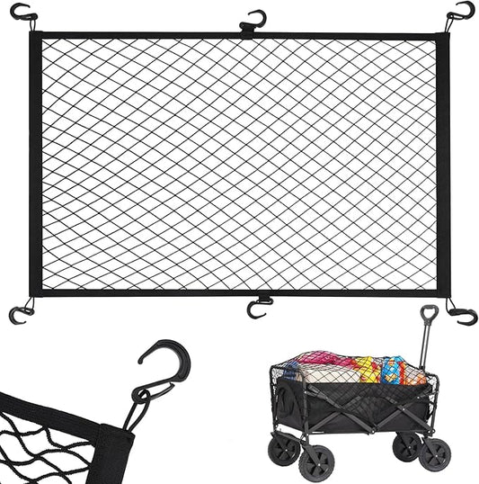 Kaskawise Cargo Net for Collapsible Foldable Wagon, Beach Cart, Garden Cart - Elastic Heavy Duty Nylon Cover With 6 Hooks - Outdoor Accessories (43.3"27.6", Black)