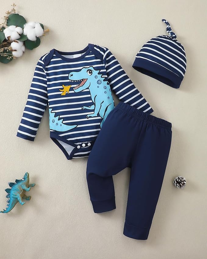 SUNNY PIGGY Baby Boy Clothes Newborn Infant Boys Outfits Romper Hat Pants 3PC Set 0-3 3-6 6-12 12-18 Month Clothing Gift