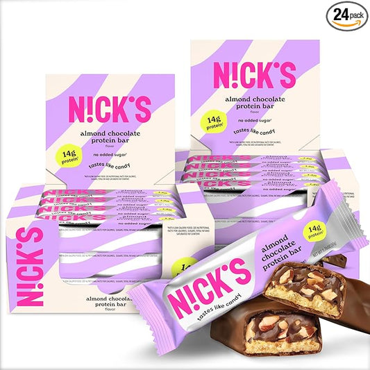 Nick's Protein Bars Almond Chocolate | 14g protein | 220 calories | Low Carb Keto Friendly Snacks No Added Sugar (Multipack 24 bars x 50g)