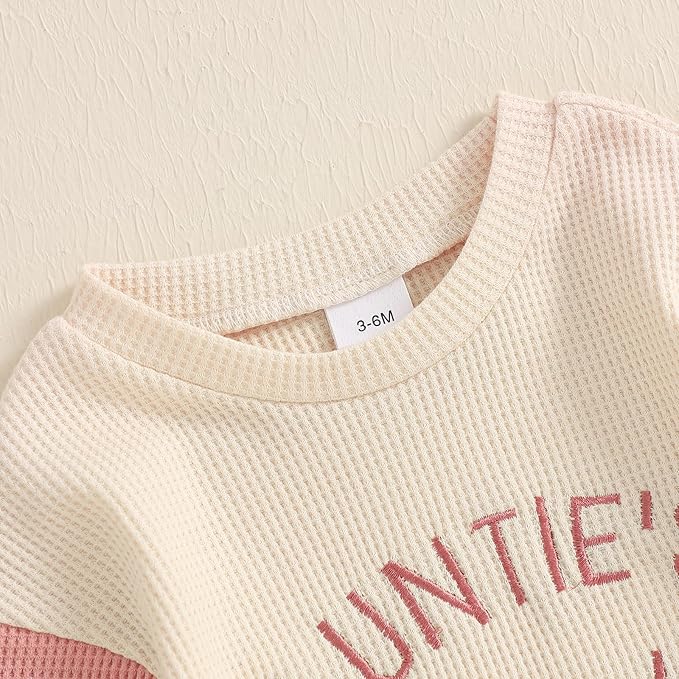 SAYOO Aunties Bestie Baby Girl Clothes Letter Embroidery Waffle Color Block Sweatshirt Bodysuit Fall Bubble Romper Pullover
