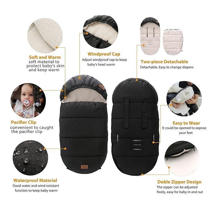 LAT Baby Warm Bunting Bag Universal,Stroller Sleeping Bag Cold Weather,Waterproof Toddler Footmuff(Detachable,Black)